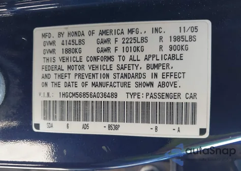 2006 Honda Accord 2.4 Ex from USA, damaged, VIN 1HGCM56856A036489